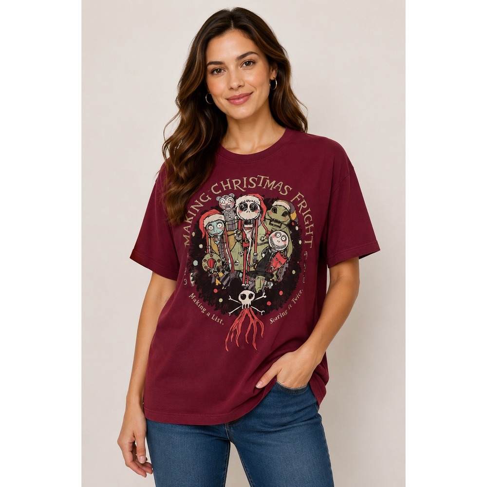 Disney Nightmare Before Christmas Making Christmas Fright Maroon Graphic Tee L